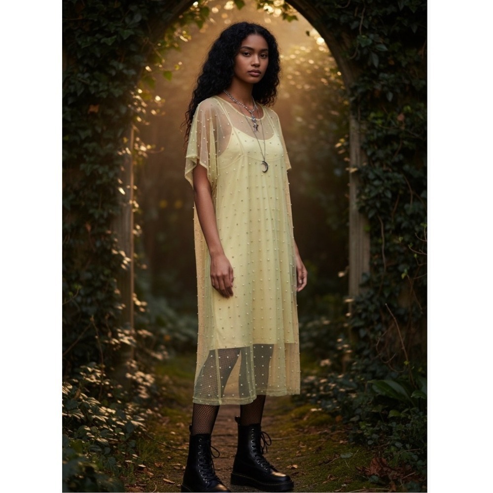 NWT ZARA Mesh Pearl Beaded Midi Dress XS/S Tan